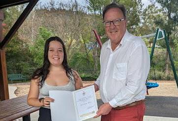 Member for Bega Michael Holland congratulates Lucy Allen in March on being accepted for The Y NSW Youth Parliament. Picture supplied.