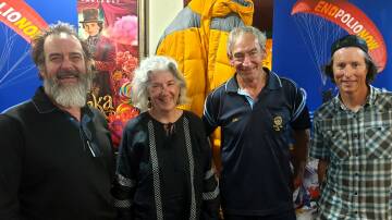 At the Fly from Everest screening last Thursday, Narooma Rotary vice president David McInnes, former Australian Ambassador to Nepal Annmaree O'Keeffe, and paragliders Ken Hutt and Marcus Loane. Picture supplied