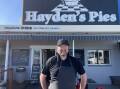 Hayden Bridger with his famous pie shop, 'Hayden's Pies'. Picture: Tom McGann. 