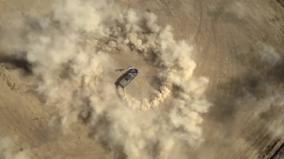 An aerial image of a ute doing a burnout in the dust. Picture by David Jackson