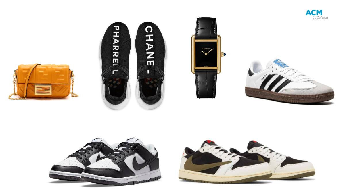 On trend: Christmas gifts for fashion lovers include Fendi Baguette, Pharrell x Chanel x Adidas NMDs, Cartier water, Adidas Samba, Dunk Low Panda, Travis Scott X Air Jordan 1 Low olive (clockwise from left to right). Picture supplied