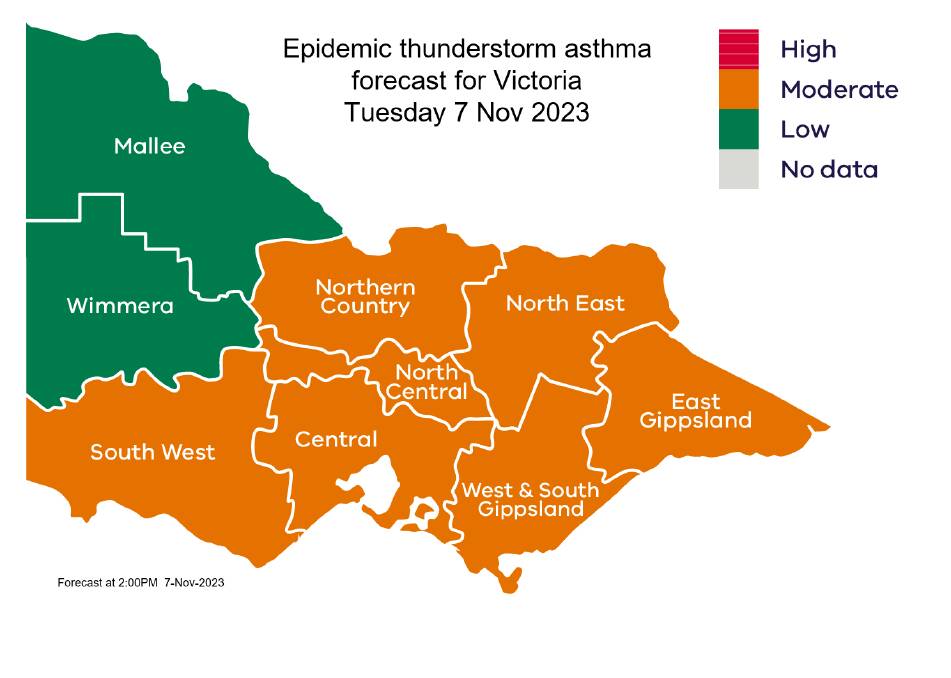 Epidemic thunderstorm asthma forecast for Victoria on Tuesday 7 November. Picture from Victorian Department of Health. 