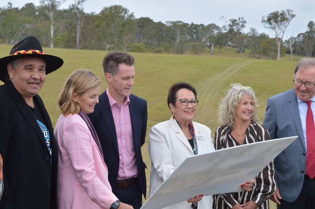 From left: Walbunja Elder Bunja Smith, Rebecca Wark, NSW Premier Chris Minns, Margaret Bennett, South Coast MP Liza Butler and Bega MP Dr Michael Holland.
