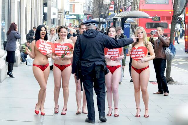In London, Clare Knight (second from left) faced authorities when she protested department store Selfridges' foie gras production. Picture supplied