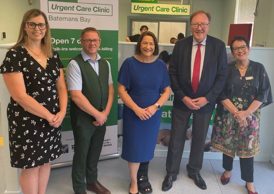 Coordinare CEO Prudence Buist, Director of NSW and ACT ForHealth Simon Taylor-Cross, Gilmore MP Fiona Phillips, Bega MP Dr Michael Holland and SNSWLHD chief executive Margaret Bennett at the Batemans Bay UCC. Picture supplied