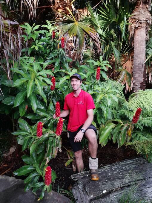 Tom Hofsteede, with a Costus, or tropical ginger, enjoys the variety of plants at Willinga Park. Picture supplied.