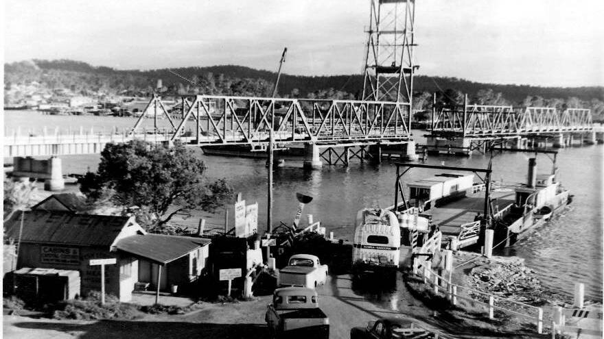 Construction of the Bay Bridge in 1956, with the first tower almost completed - looking south. PICTURE: Clyde River and Batemans Bay Historical Society.