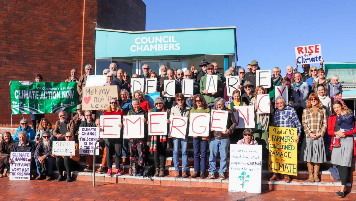 CALL TO ACTION: A large group gathered outside Eurobodalla Shire Council on August 13 hoping a climate emergency would be declared.