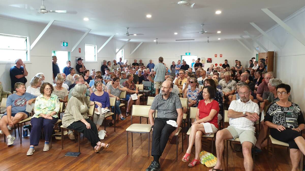 A crowd gathers in South Durras in February to discuss bushfire protection.