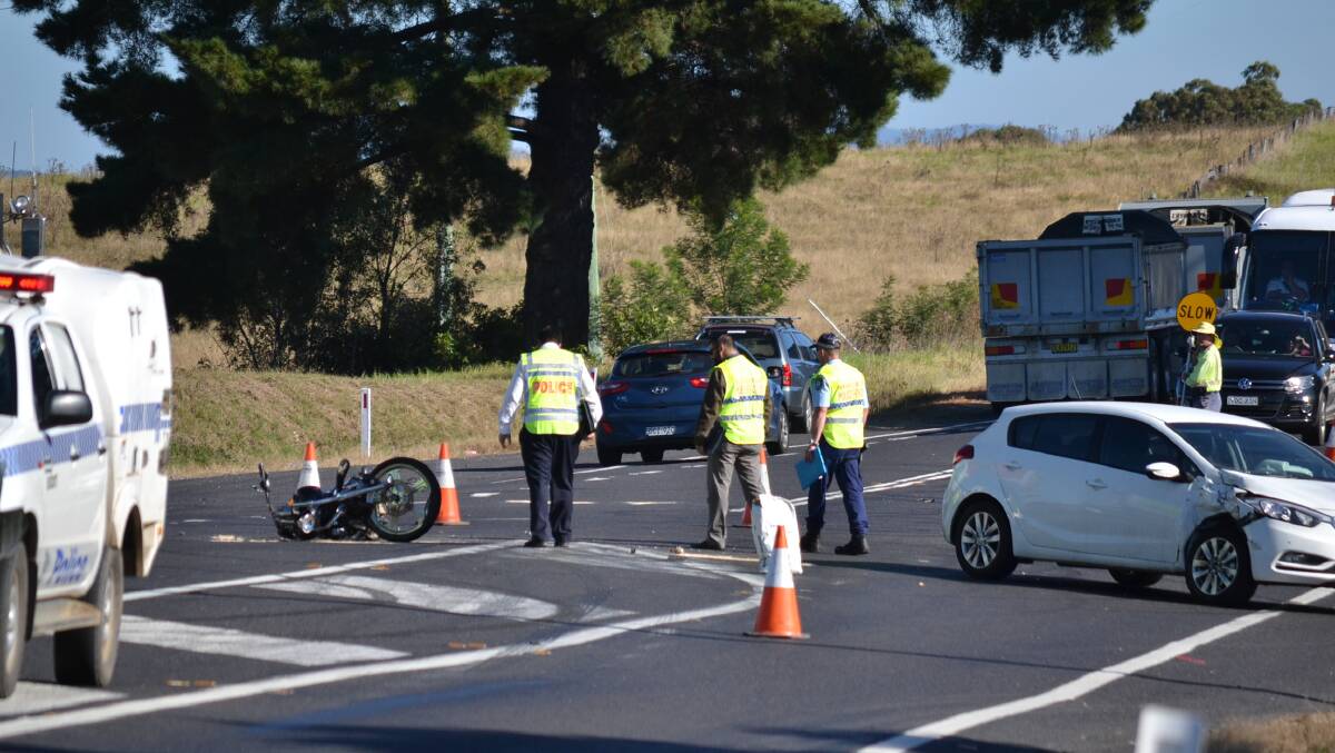 TURNING POINT: The scene on April 27, 2016, at the intersection of the Princes Highway and Hector McWilliam Drive after a car and a motorcycle collided.