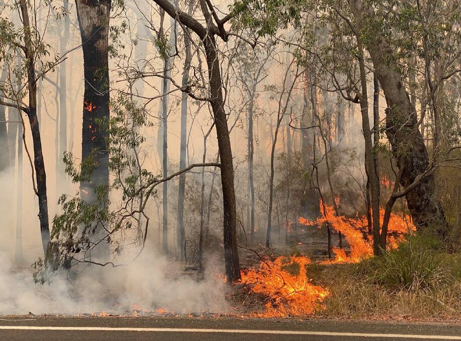 NO WHERE NEAR OVER: Fire continues to burn on the Princes Highway north of Batemans Bay on Tuesday, December 3. PICTURE: Stuart Thomson.