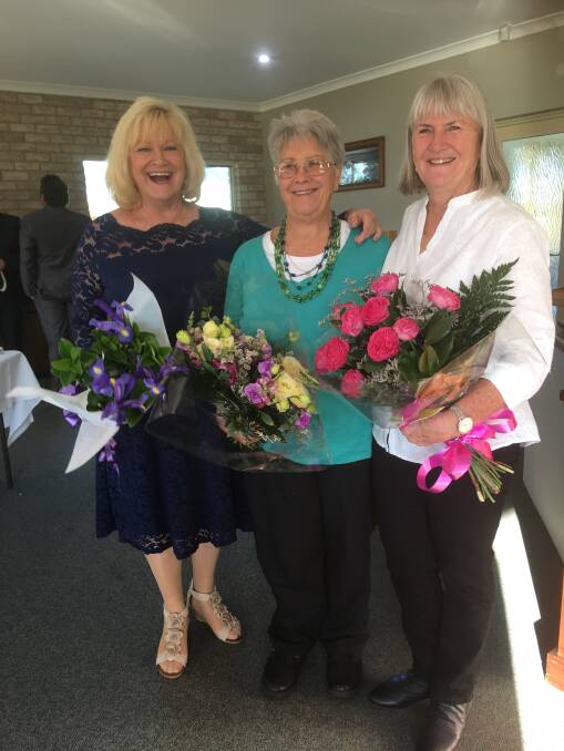 Fashionista: A re-enactment of Barbara Smith's wedding day recently with the 
bride Barbara Smith (nee Lamont) and two of her bridesmaids, Marion Bate (nee Henry) and Dawn Simpson (nee Lamont).
