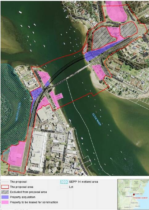 The former Batemans Bay Bowling Club site, shaded in pink, has been earmarked as a site office for the construction of the Batemans Bay bridge.