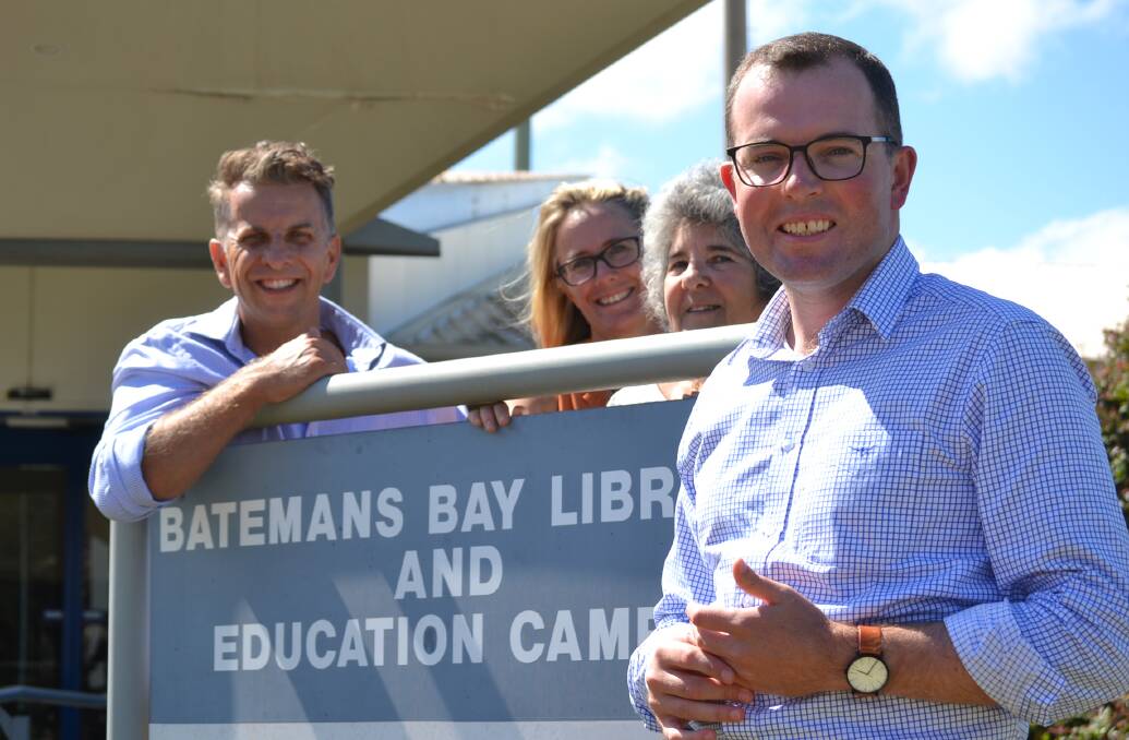 Bega MP and Infrastructure Minister Andrew Constance, Eurobodalla Shire Mayor Liz Innes, Councillor Maureen Nathan and Assistant Skills Minister Adam Marshall at Hanging Rock on February 13 to pledge an $8 million connected learning centre for TAFE in Batemans Bay.