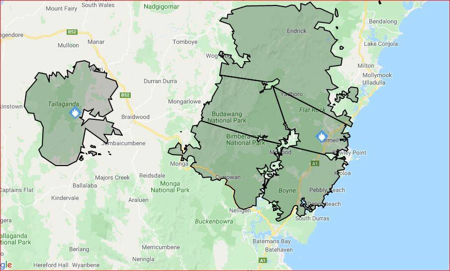 The latest map of the reach of the Currowan fire on December 22. A meeting will be held in Batemans Bay on Sunday, December 22, at 4pm at Hanging Rock.