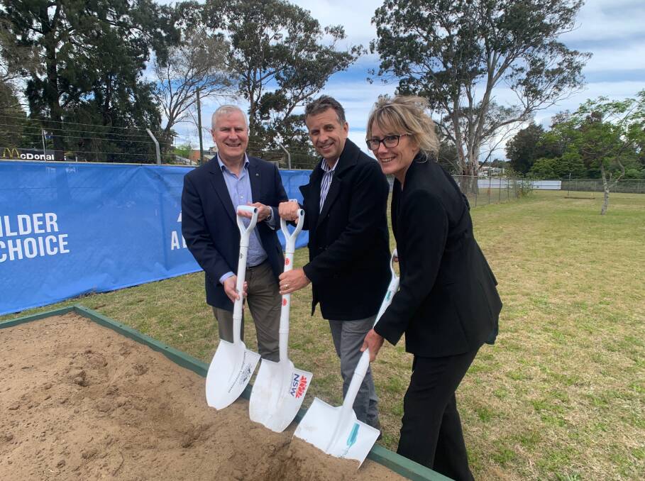 Deputy PM Michael McCormack, Bega MP Andrew Constance and Eurobodalla Shire Mayor Liz Innes at the launch of construction of the new Batemans Bay aquatic and arts centre on Friday, September 25.