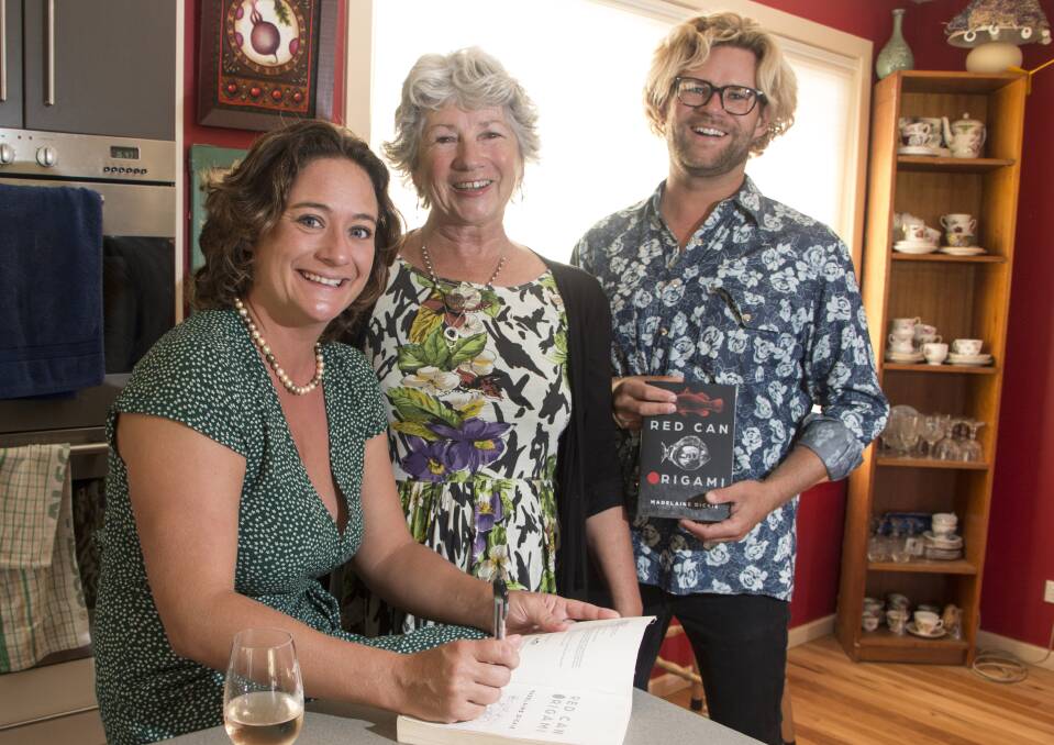 Author Madelaine Dickie with mother-in-law Marie Zuvich and husband Tom Nagle at the Broulee launch of Madelaines latest novel.