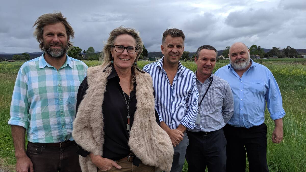 Eurobodalla Shire project engineer Harvey Lane, Mayor Liz Innes, Bega MP Andrew Constance, shire infrastructure director Warren Sharpe and water and sewer manager Brett Corven on Friday, October 11 after funds were announced for a dam south-west of Bodalla.