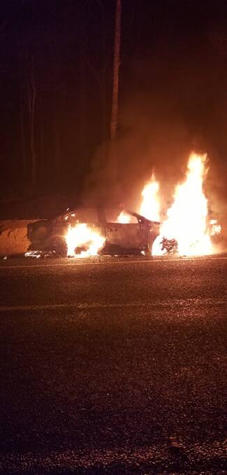 The car ablaze on Wednesday, April 10. Picture Rochelle Mannix.