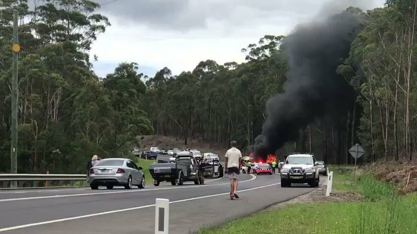 The scene of the head-on collision which killed five people, including four members of the Falkholt family on Boxing Day, 2017, on the Princes Highway south of Nowra.