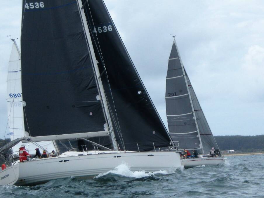 DURRAS BOUND: Xanthia” and Accolade starting the Batemans Bay Sailing Club annual race to North Durras. Picture: Terry Paton.
