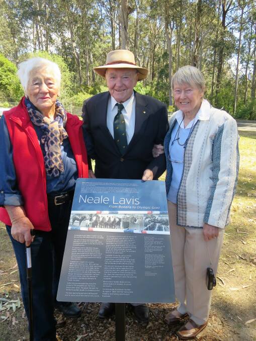 In 2017, Cath Lawler of Cadgee, Neale Lavis and his wife Velma of Braidwood stand by a plaque commemorating Mr Lavis' sporting success. Photo: Laurelle Pacey.