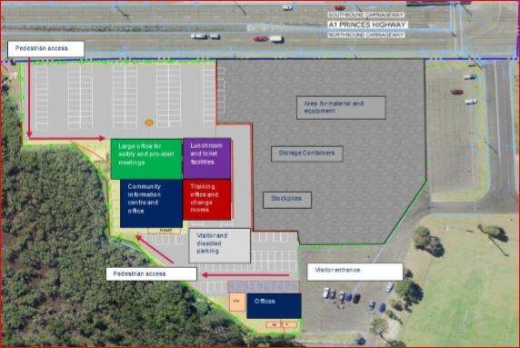 RMS released this image of the site layout for the project on the former Batemans Bay Bowling Club site, but said the "map and shaded areas are approximations for general information and illustrative purposes only".