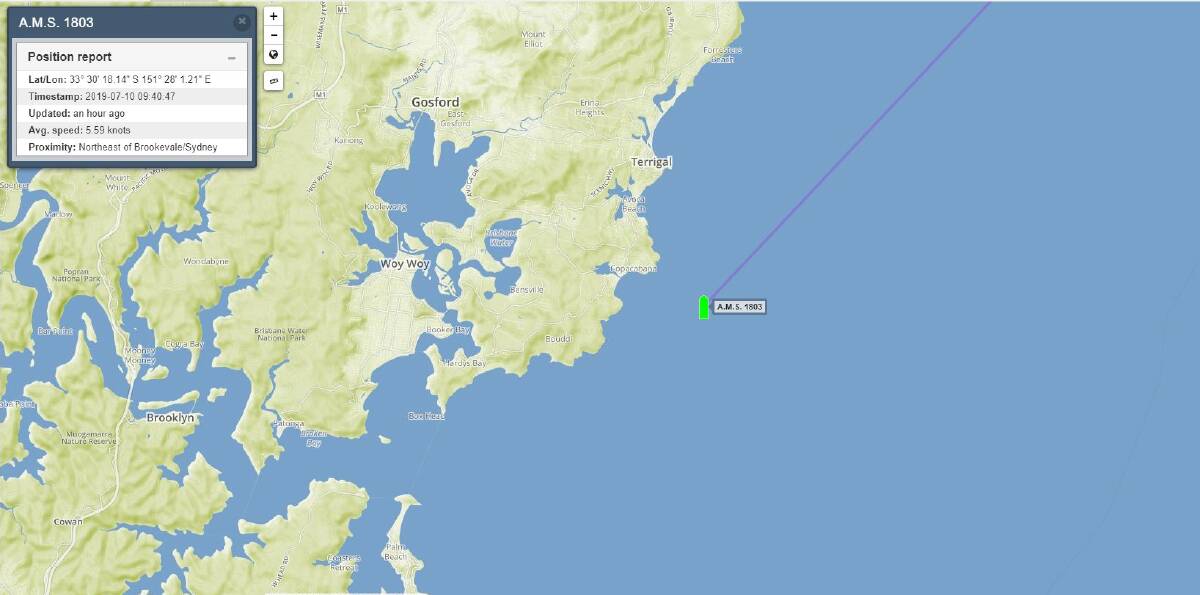 LONG WAY TO GO: The AMS 1803 on the morning of Wednesday, July 10 off the Central Coast, on her way to Batemans Bay.