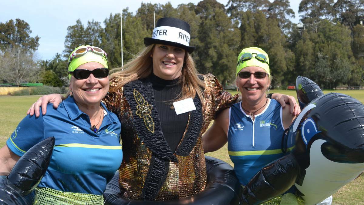 Campaigner Carolyn Harding with Eurocoast Triathlon members Kim and Kylie Young at a Dry Swim event in August 2016, held to pressure politicians to support an indoor pool in Batemans Bay.