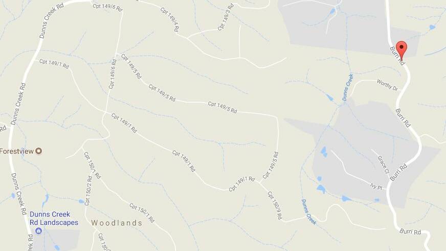 AFFECTED AREA: The fire began on Dunns Creek Road, moved into state forest and is moving towards Burri Road, Worthy Drive and Ivy Place.