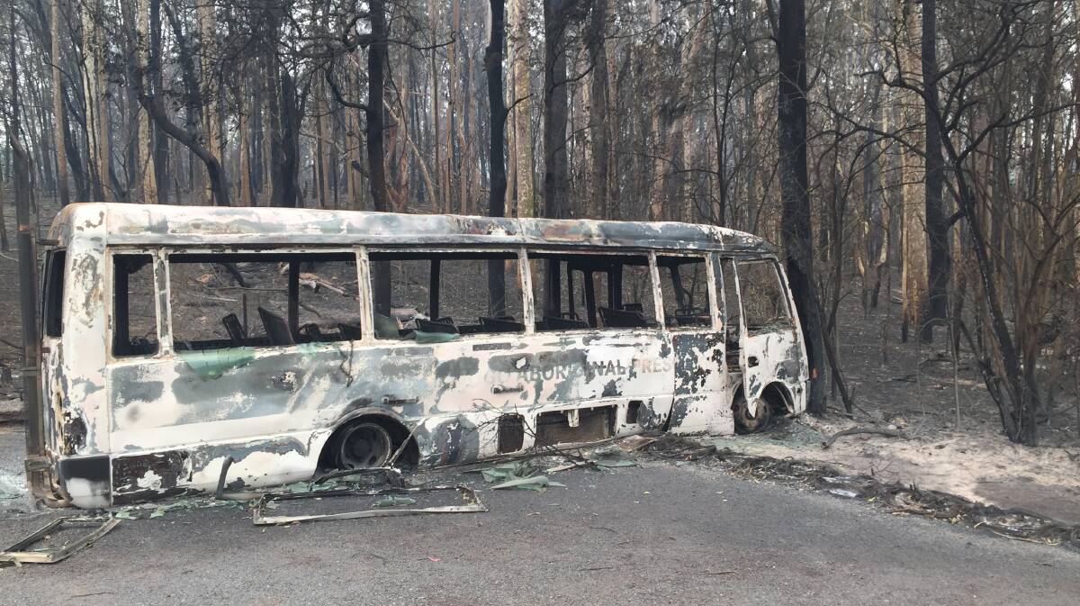 BURNED: Mogo Aboriginal Preschool's bus was burned on New Year's Eve in the bushfire, but a replacement is on its way, with a donation distributed by GIVIT to help buy new car seats.