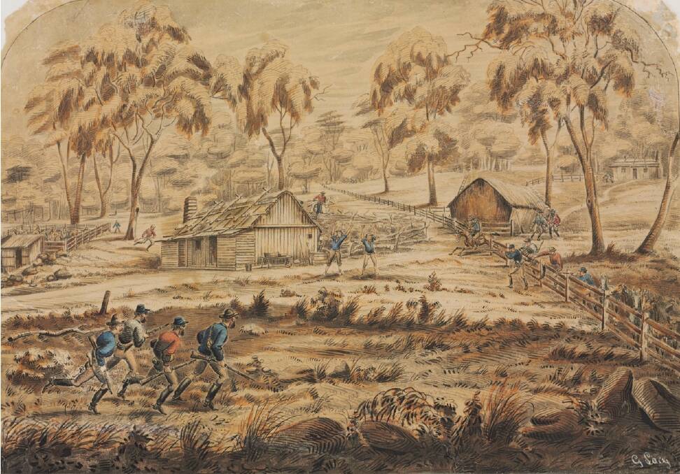RANGING THE EUROBODALLA: The Clarke gang of bushrangers ranged the area west of Moruya. This painting is The Capture of the Clarkes, a watercolour by George Lacy. Photo: State Library NSW.