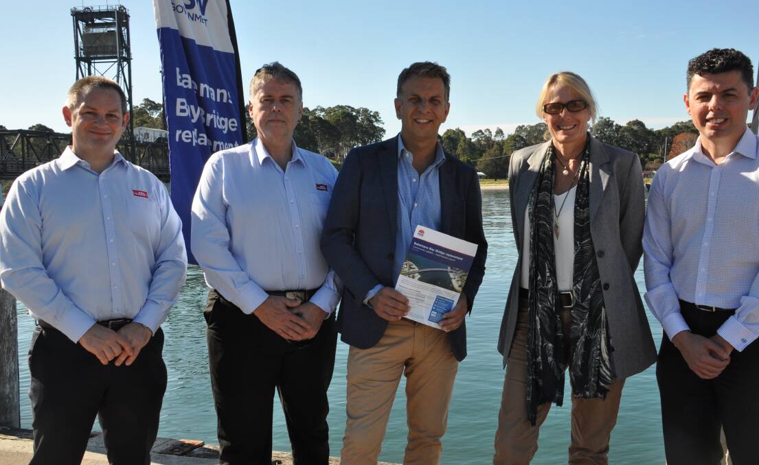 Representatives of the John Holland Group, Andy Thompson and bid director Peter Hodge, with Bega MP Andrew Constance, Eurobodalla Shire Mayor Liz Innes and RMS project manager Paul Vecovski at the announcement in Batemans Bay on May 18.