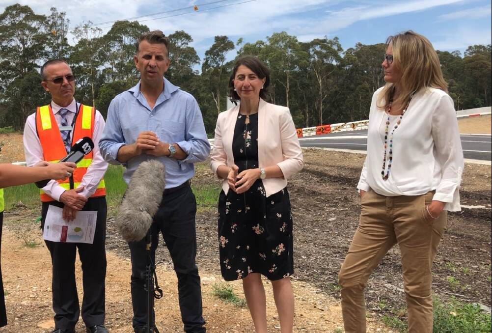 NSW Premier Gladys Berejiklian and Bega MP Andrew Constance announce $30 million in funding for the spine road linking Glenella Road to the Princes Highway. Eurobodalla Shire Council infrastructure director Warren Sharpe and mayor Liz Innes were at the site on Tuesday, January 8.