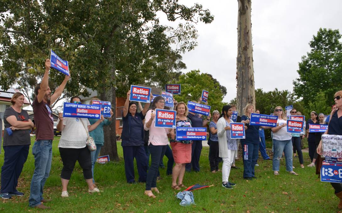 CALL FOR RATIOS: Members of the NSW Nurses and Midwives Association and community members gather outside Moruya Hospital on Wednesday, December 19 calling for 1-to-3 nurse-to-patient ratios.