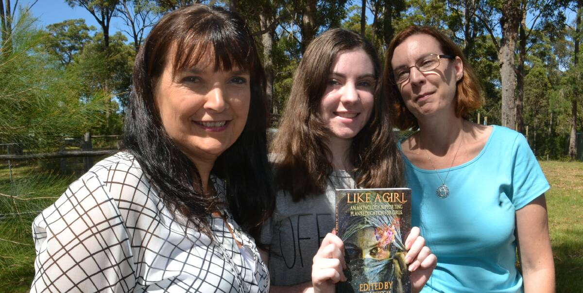 LITERARY LADIES: Like a Girl contributors Debbie Richardson (Surfside) and Kathryn and Mirren Hogan (Jeremadra) with the just-released anthology of short stores from around the world.