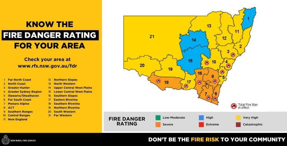 Total fire ban, severe fire rating for Far South Coast Monday