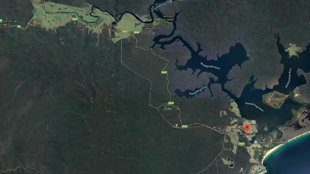 Mallacoota and its surrounding national parks. The single road out runs around 25km to the Princes Hwy (top left). Google Maps