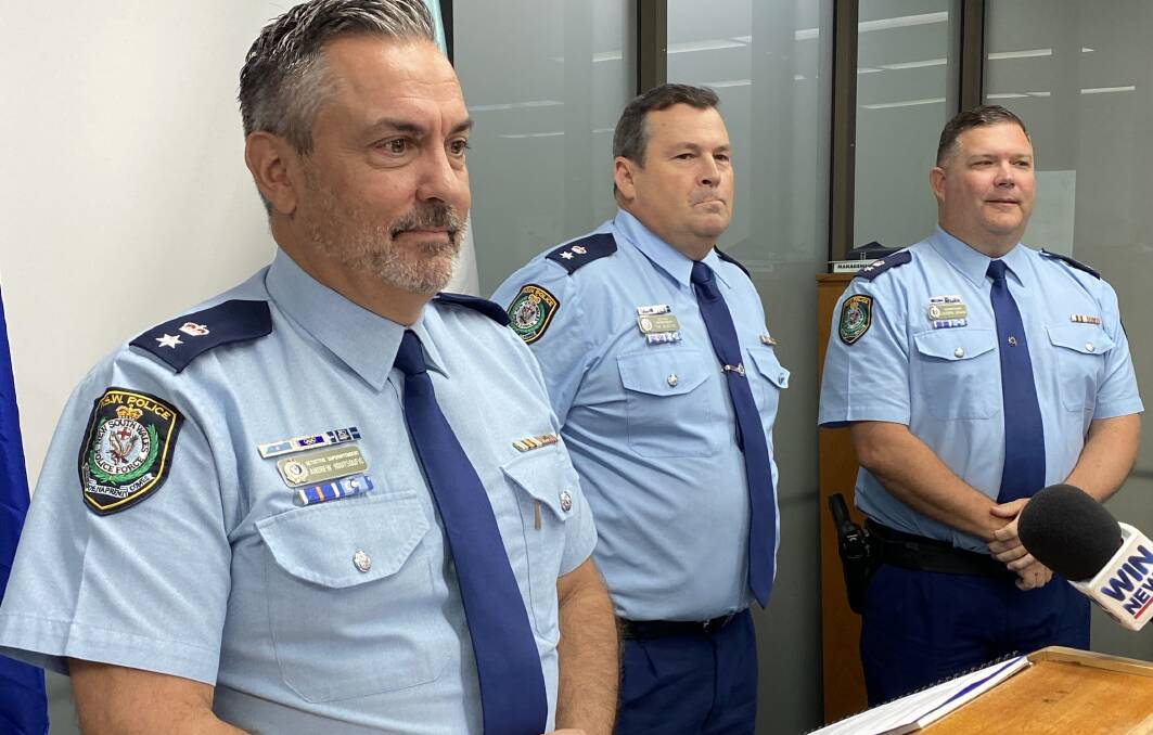 Det Supt Andrew Koutsoufis, Commanding officer of the Raptor Squad, with De Supt Tim Beattie from Southern Regional Operations, and Supt Darren Brand, South Coast Police District commander. Picture by Glenn Ellard