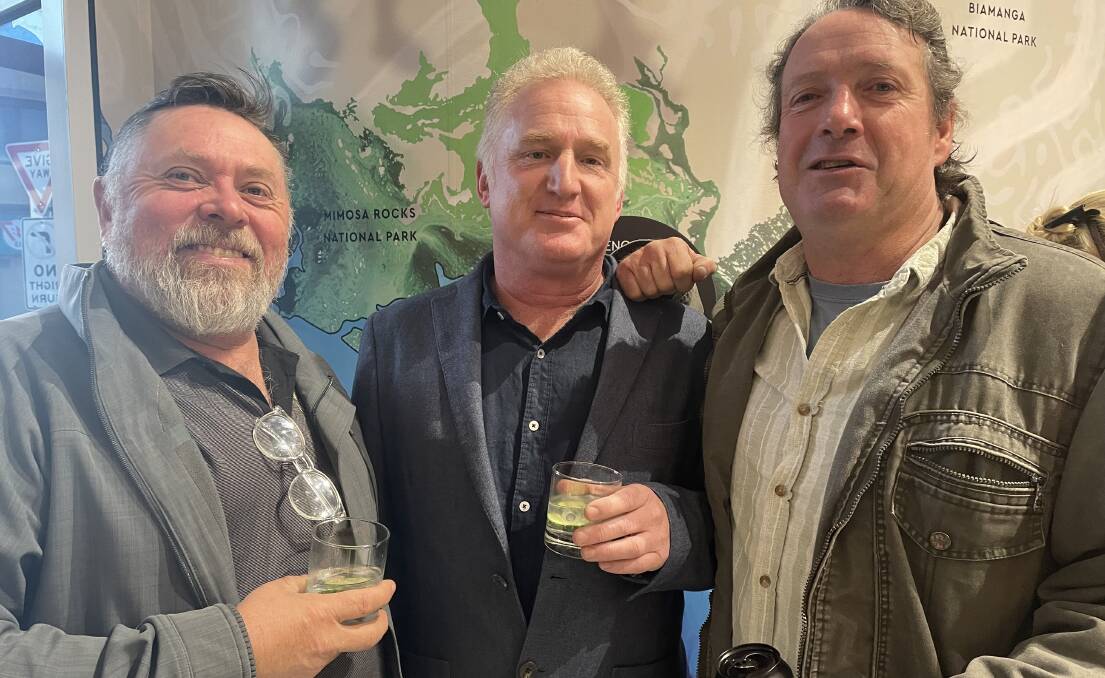 Shane Buckley from Wapengo Oysters, Sapphire Coast Destination Marketing managing director Anthony Osborne and Brett "Captain Sponge" Weingarth at the launch of the Sapphire Coast Oyster Trail. Photo: Ben Smyth