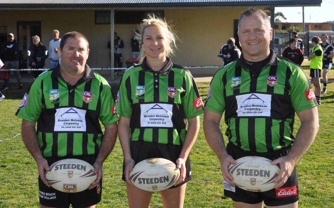 BLOW YOUR WHISTLE: Bega's Trudi Badullovich officiates her first Group 16 senior men's game in Narooma with sideline referees Warren Fletcher and Ross Griffiths. Photo: Joel Fletcher
