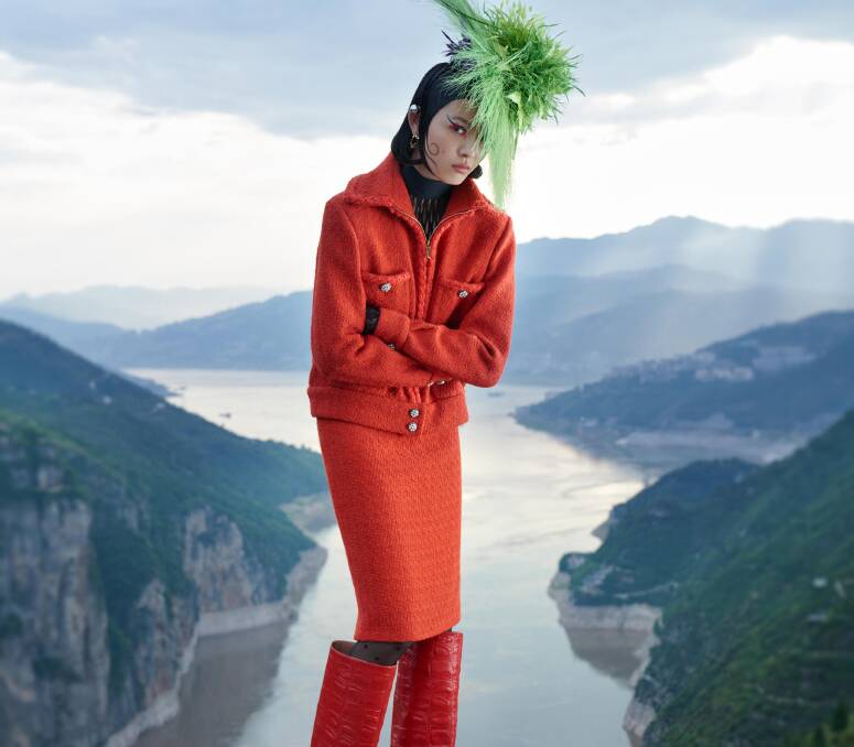 Cynthia Jones-Bryson Millinery features in the latest issue of Harper's Bazaar China, with the model also wearing a Chanel suit and Fendi boots. Picture: Supplied