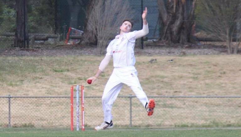 Lachlan Malcolm bowls during his first grade debut with Western Districts. Photo: Andrew Malcolm