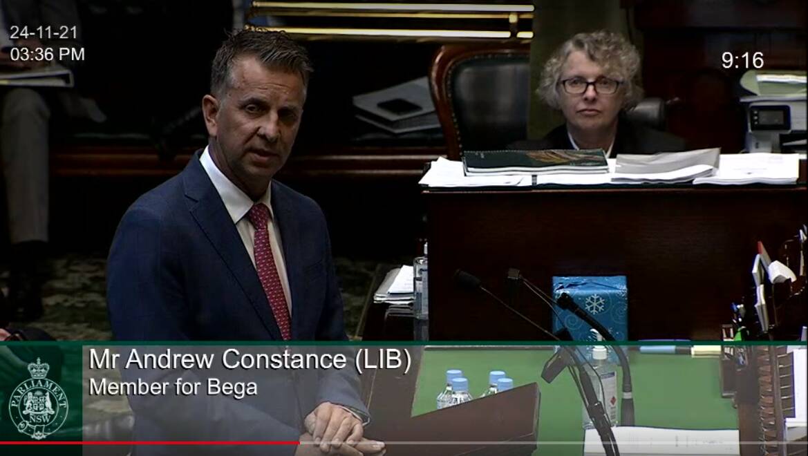 Outgoing Member for Bega Andrew Constance gives his valedictory speech in NSW Parliament on Wednesday, November 24