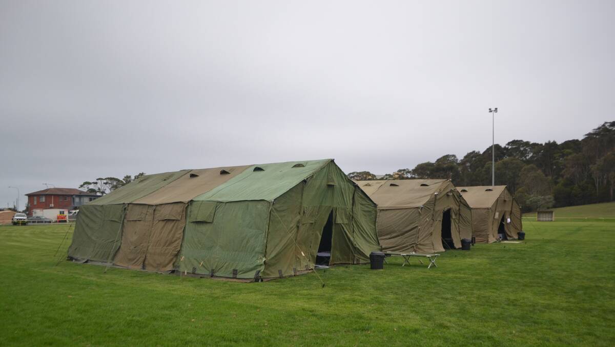 Tents set up on Bill Smyth Oval to be used as accommodation. Three Army tents and 10 RFS tents will be erected this week. 