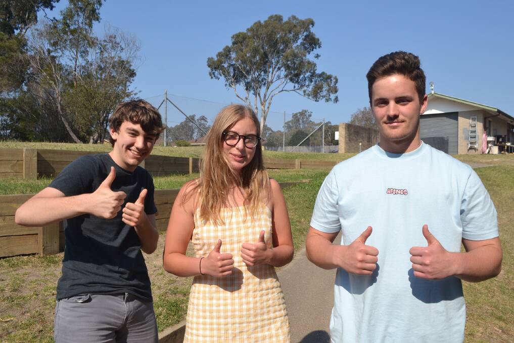 School leavers: Dylan Holmes, Mallee Smith and Sammy Jackson all went to primary school together at Broulee. 