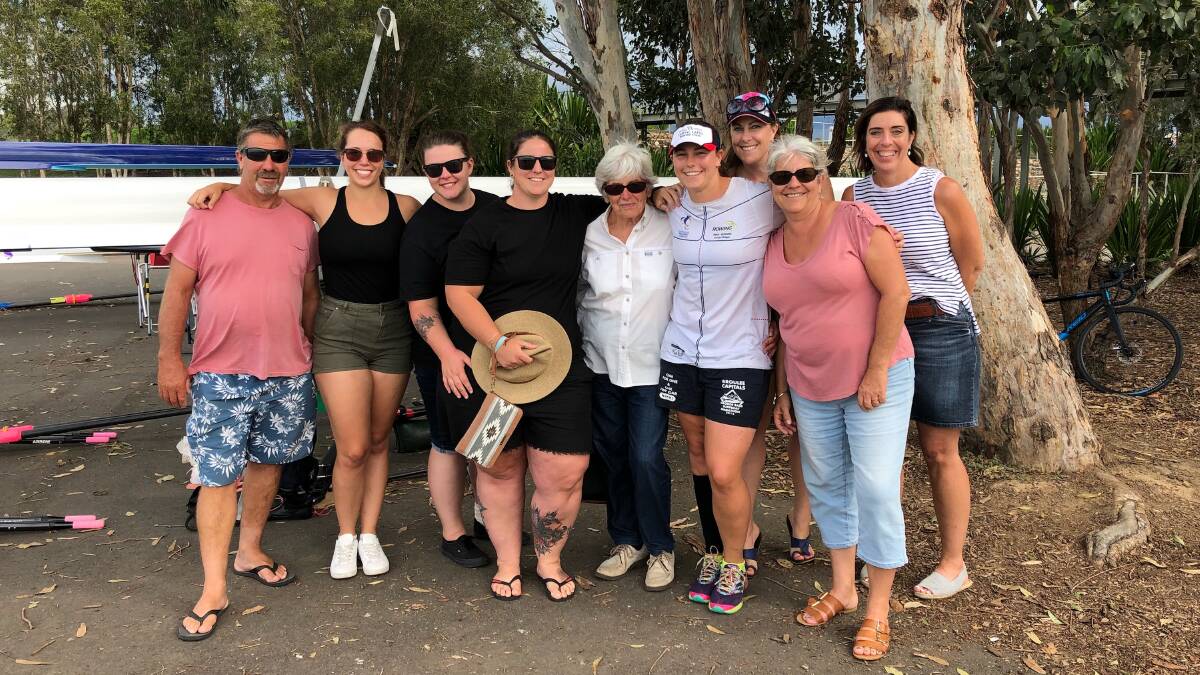Nikki Ayers had plenty of support at her first nationals experience in 2018. Pictured are Nikki's dad Andre, girlfriend Elli, sister in-law Felicity, older sister Megan, Nanna Pam, Nikki Ayers, friend Pip, Mum Jenny and Catherine (Elli's mum).