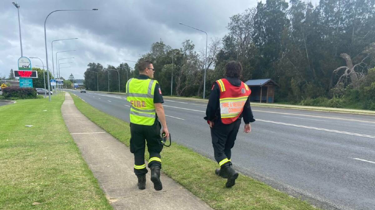 Firefighters investigate a reported spillage on Beach Road. Image: Batemans Bay Fire and Rescue Facebook. 