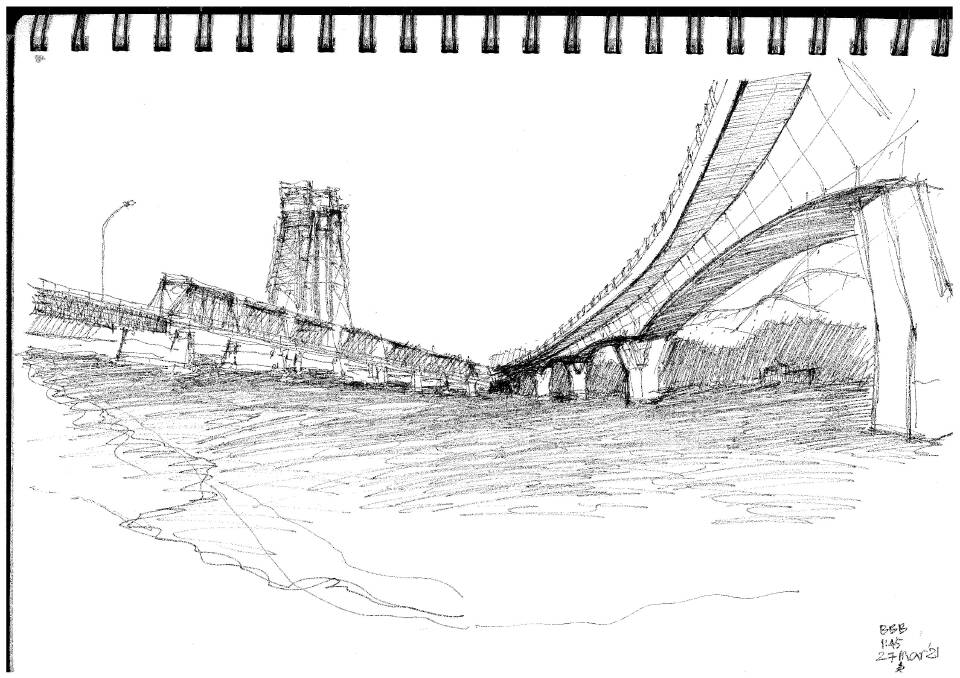 Kash Rangan shares a sketch of the two Batemans Bay bridges standing together. 