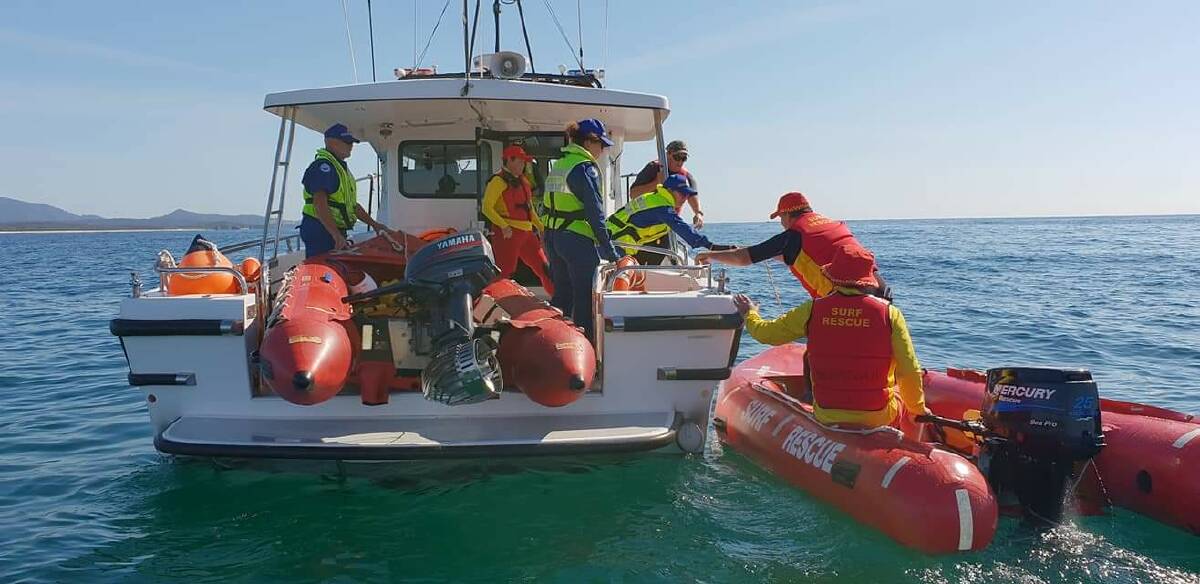 Marine Rescue Bermagui and Bermagui SLSC practising the joint operation last year. Image: Supplied.